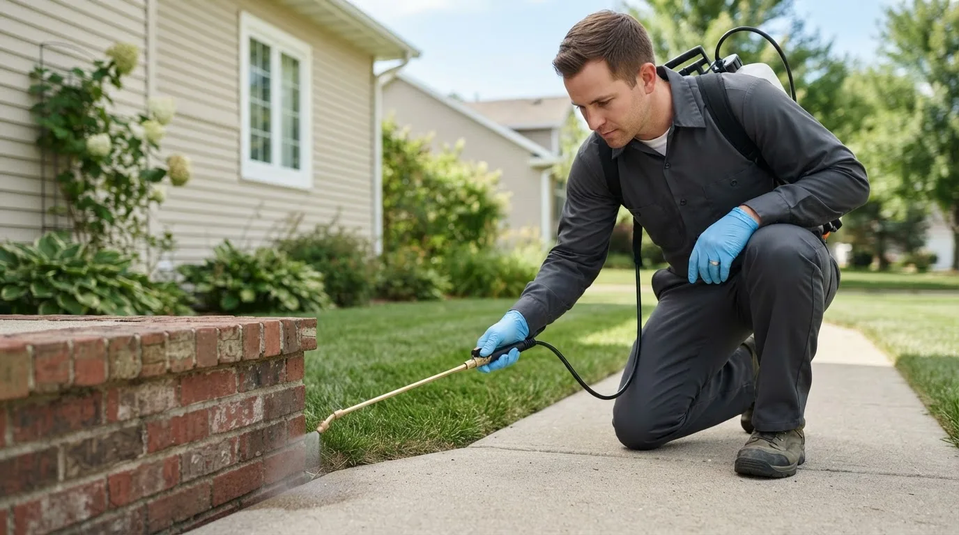 Pest control technician treating a home near Belmond, IA